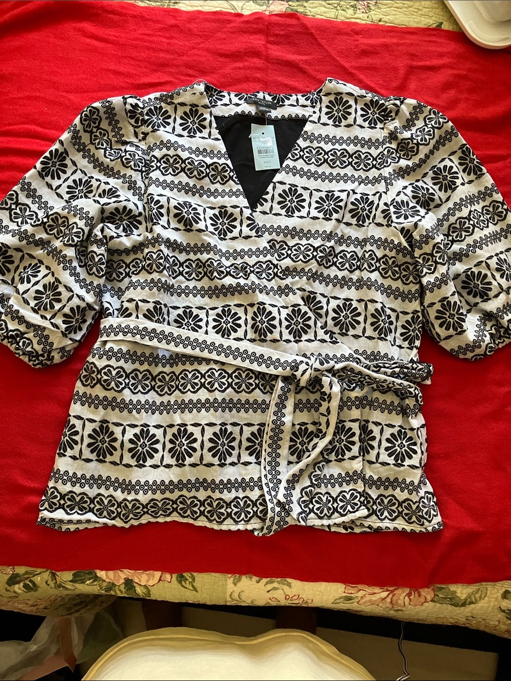 Ann Taylor Black and White Floral-Pattern Wrap Top